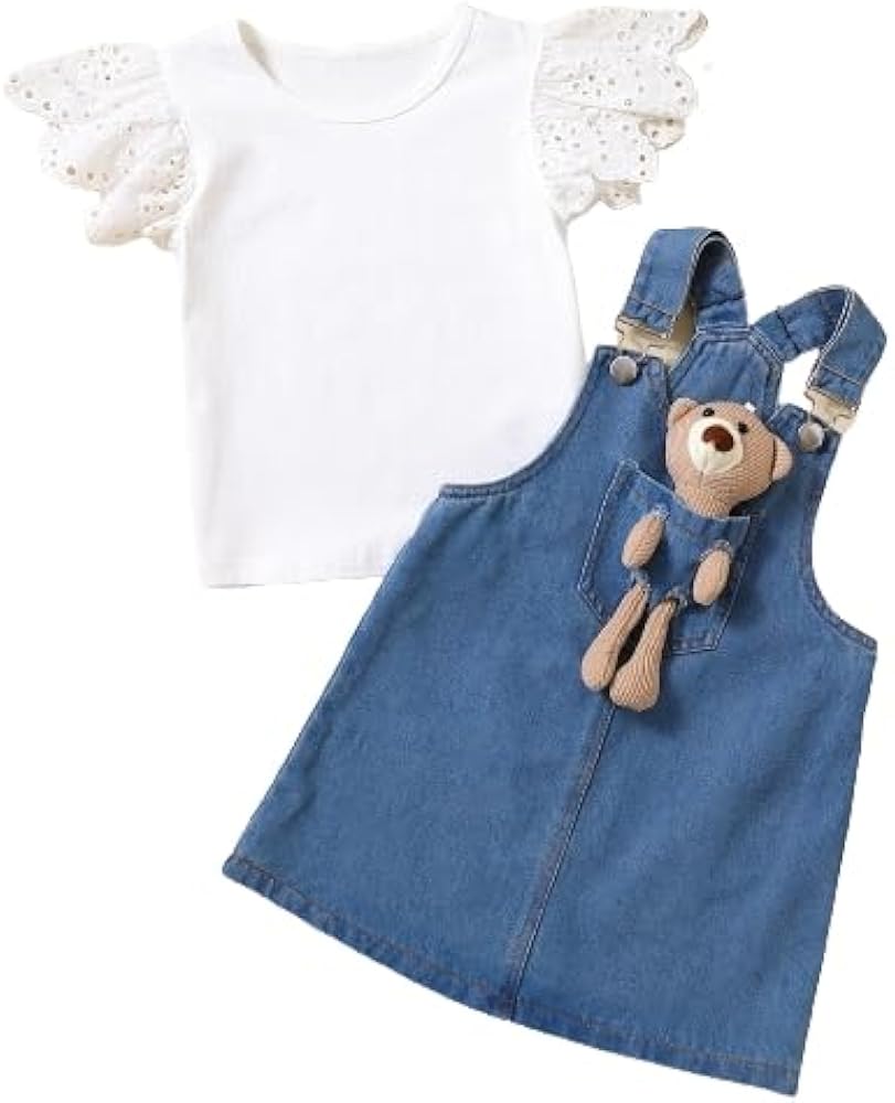 OYOANGLE Girl's 2 Piece Outfits Ruffle Cap Sleeve Tee Shirt and Denim Overall Dress Set