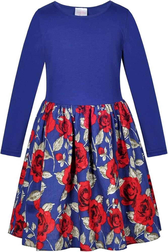 Bonny Billy Girl's Long Sleeve Solid Top and Red Floral Skirt Dress