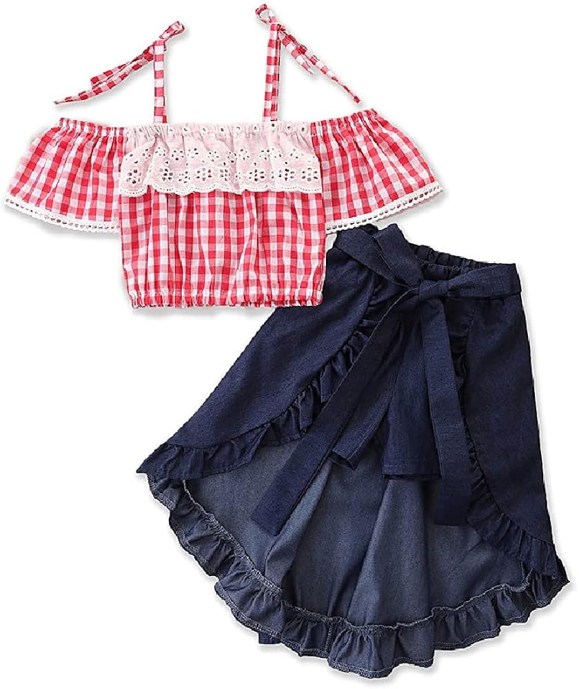 Quenny girls' summer sweet suits,girls' western style sling plaid tops and irregular skirt pants suits.