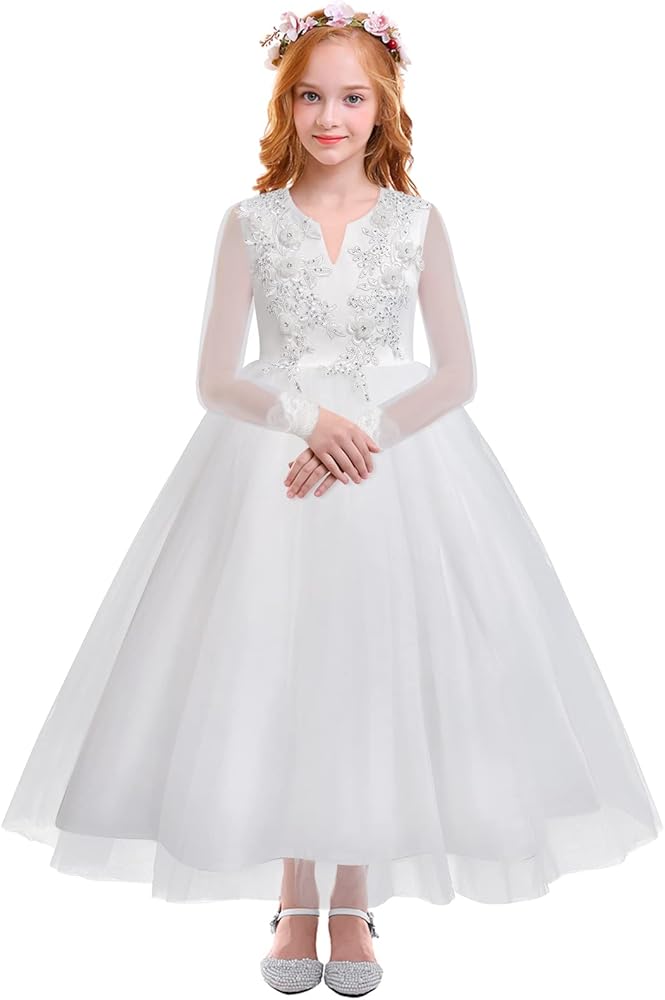 IDOPIP White First Communion Dresses for Girls Lace Flower Wedding Bridesmaid Pageant Birthday Baptism Party Maxi Tulle Gown