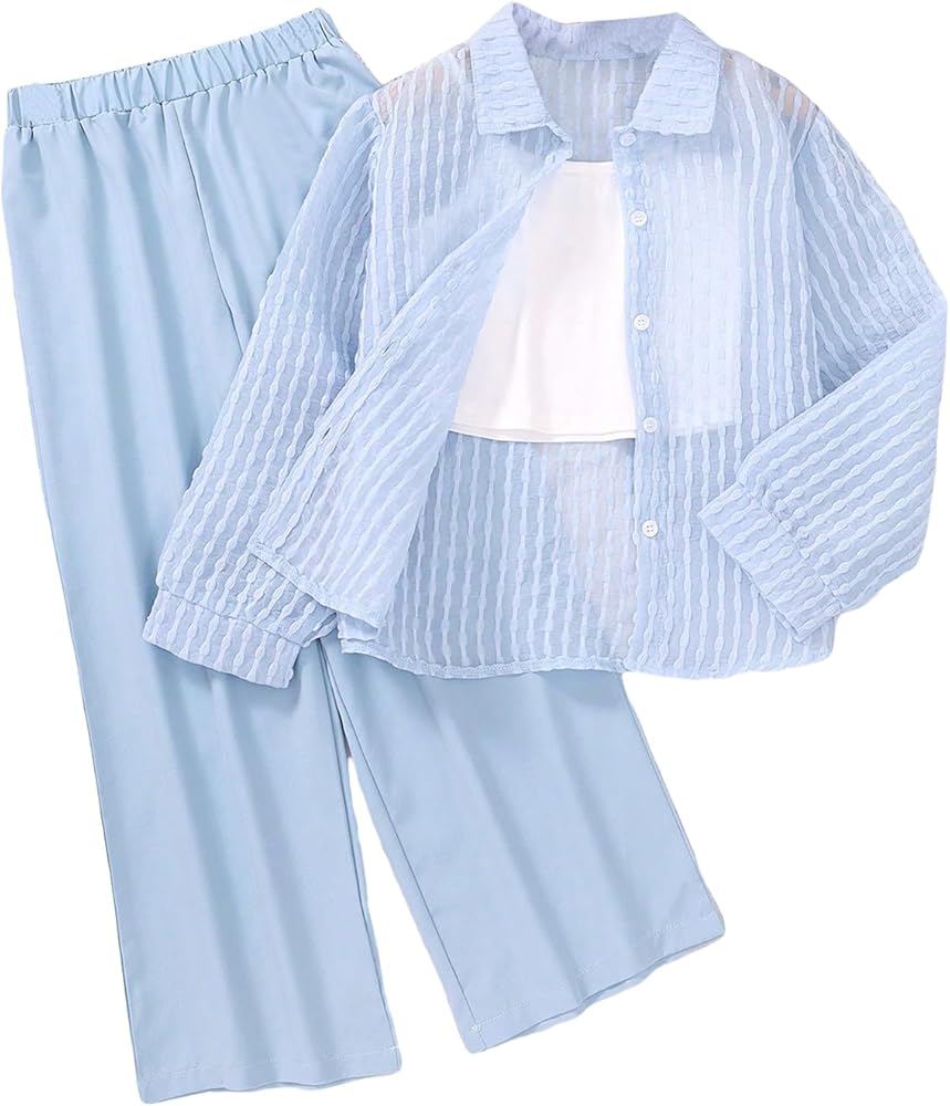 OYOANGLE Girl's Two Piece Outfits Textured Button Down Long Sleeve Shirt and Straight Leg Pants Set