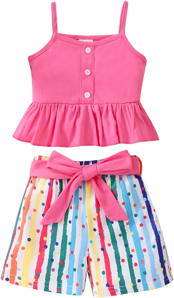 Girl 2 Piece Outfits Cute Shirt and Belted Shorts Set Summer Clothes 2-7 Years