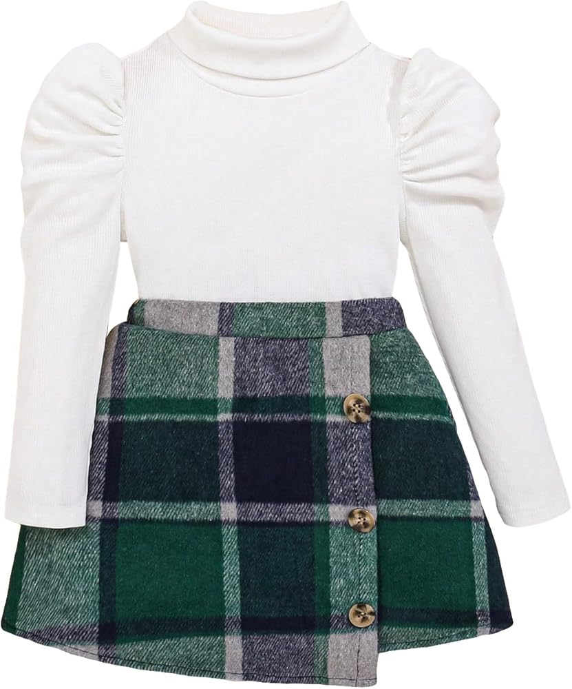 Floerns Toddler Girls 2 Piece Outfit Solid Long Sleeve Tee Shirt and Plaid Skirt Set