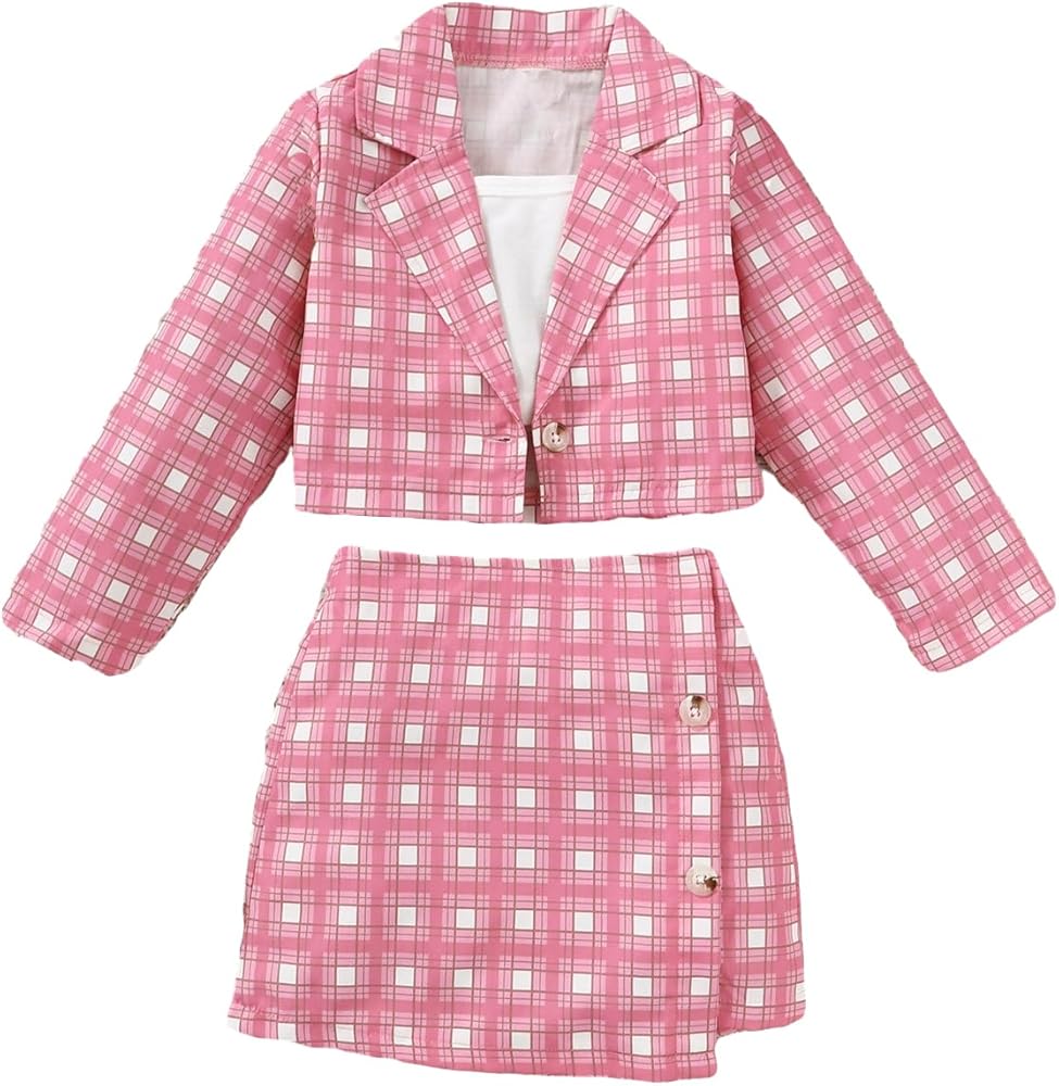 OYOANGLE Girl's 2 Piece Outfits Plaid Print Long Sleeve Blazer and Cami Top with Mini Skirt Set