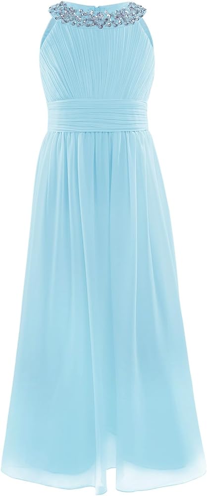 iiniim Kids Girls Sequined Halter-neck Chiffon Long Bridesmaid Dress Wedding Party Prom Gown Flower Girl Dress Sky Blue 8