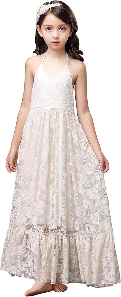 Boho Flower Girl Lace Dress Birthday Beach Party First Communion Long D9