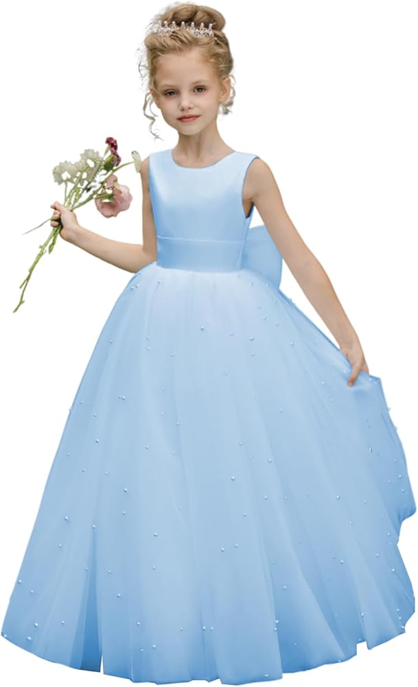 Sleeveless Flower Toddler Girl Dress for Wedding Puffy Tulle First Communion Dress Sky Blue Satin Pageant Party Baptism Dresses Kids Birthday Maxi Gown with Bow-knot Sky Blue Size 6