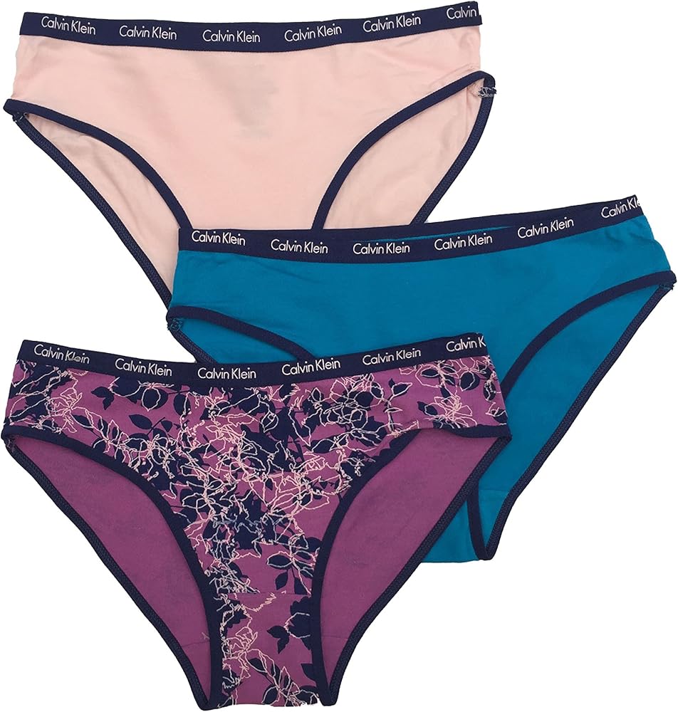 Calvin Klein Girls' 3 Pack Chrome Fashion Bikini Briefs, (Obsidian Leaves(37C37002-99)/Pink/Aquamarine, Small)