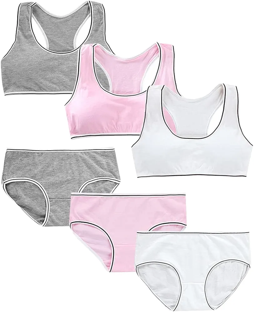 Surakey Girls Cami Bra and Panties Set Cotton Racerback Underwear Briefs with Removable Padding 6 Pieces for 8-14 Age, Type 1