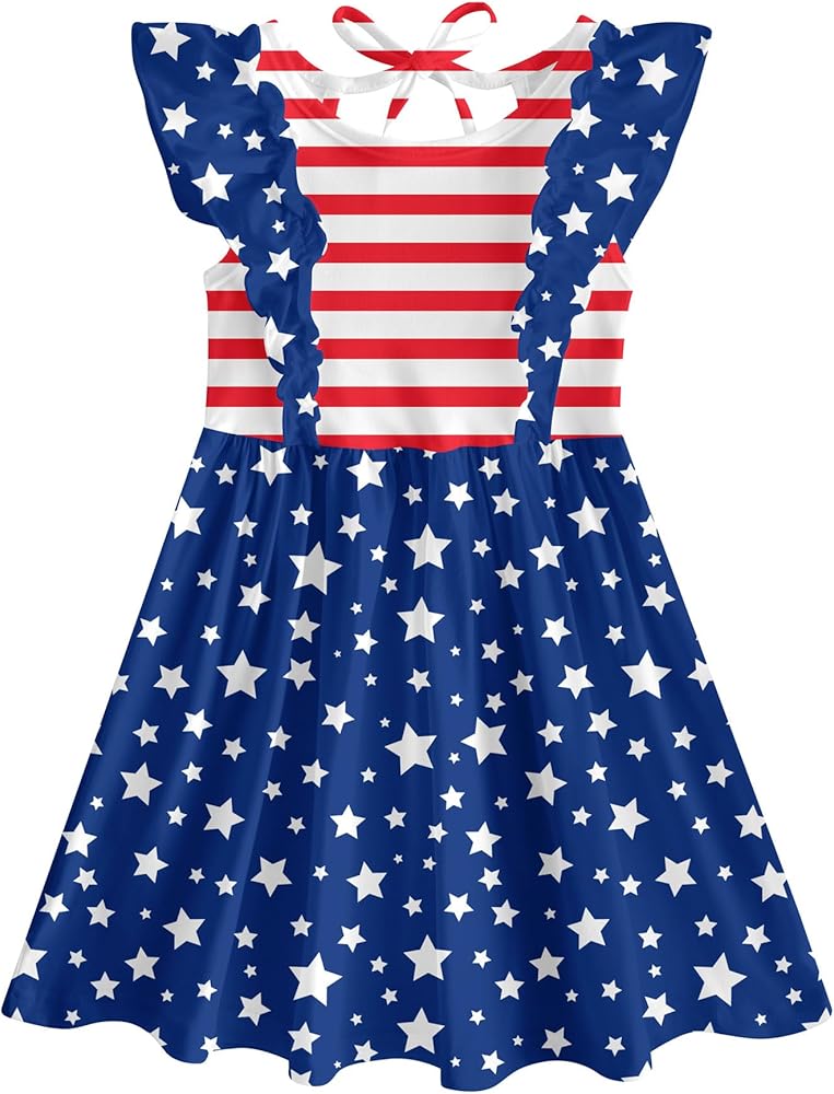 RAISEVERN 2-6T Toddler Girls 4th of July Dress American Flag Outfits Ruffle Sleeve Sundress