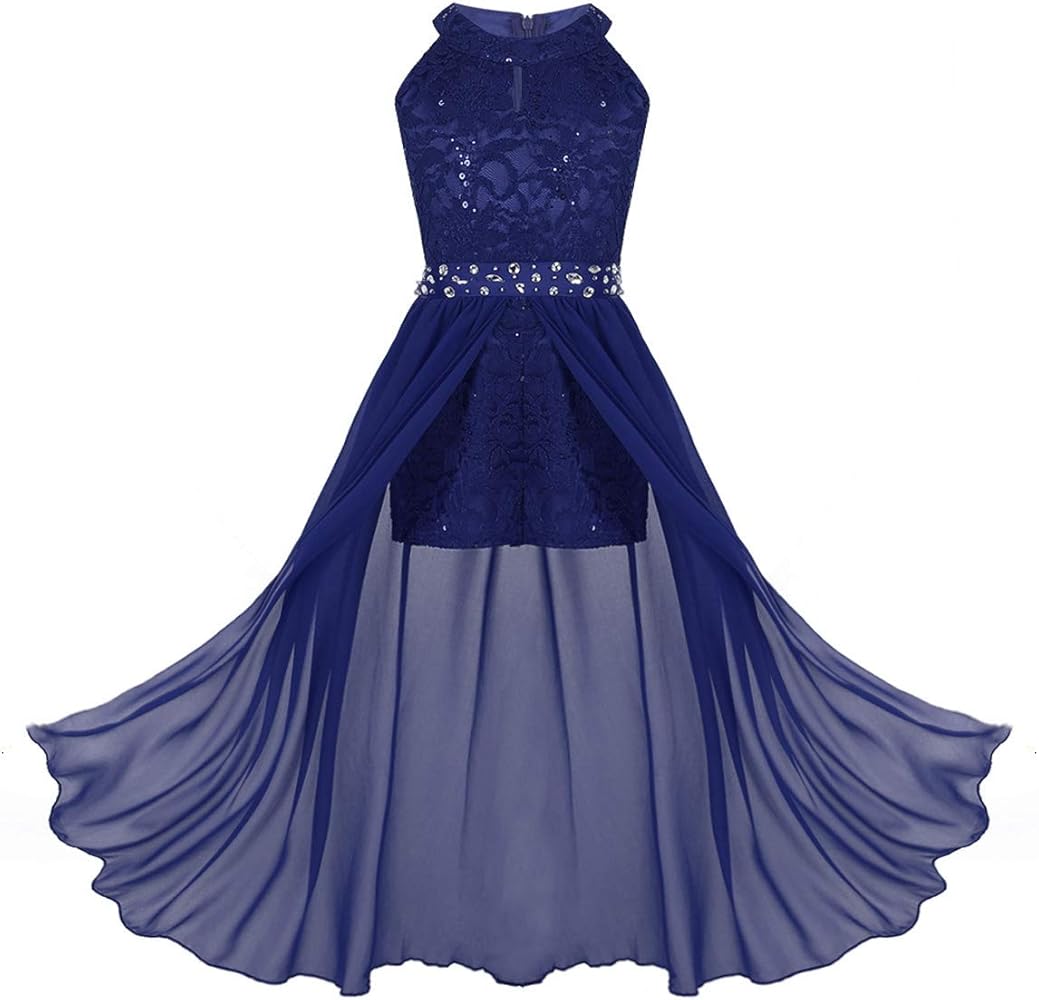 Alvivi Big Girls Halter-Neck Floral Lace Junior Bridesmaid Romper Dress Wedding Party Ball Prom Evening Long Gowns Blue 12 Years