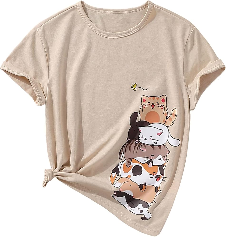 SOLY HUX Girl's T Shirts Short Sleeve Cute Graphic Tees Crewneck Cartoon Cat Print Summer Tops