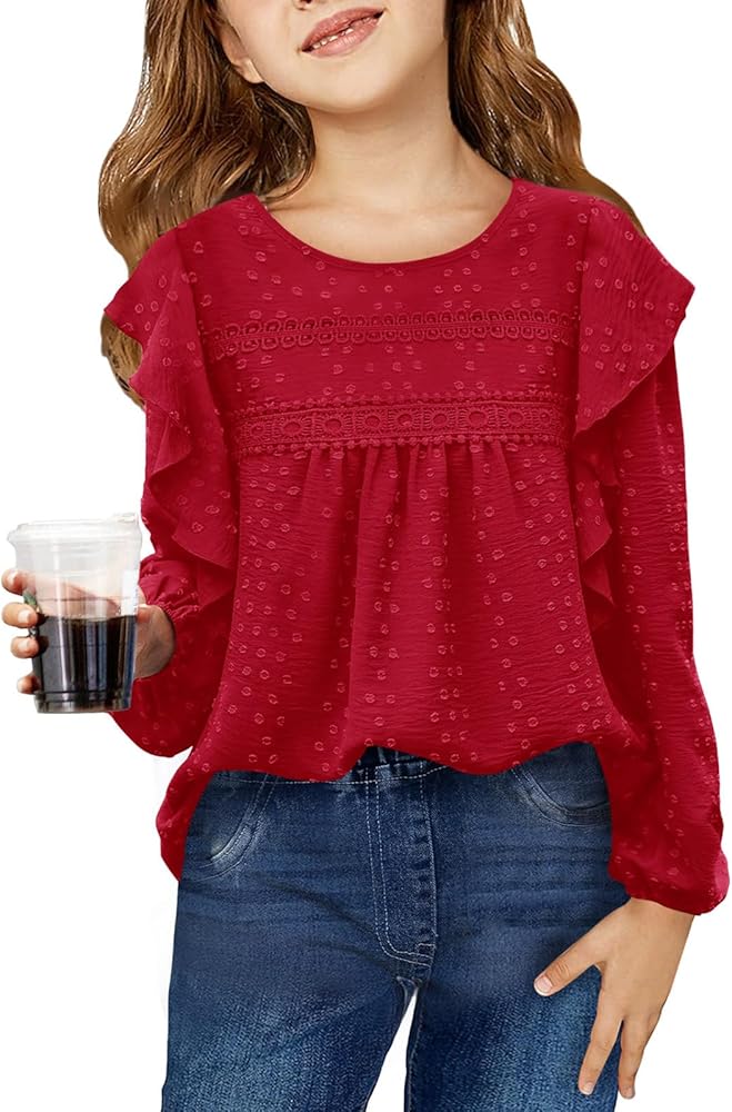 Haloumoning Girls Long Sleeve Shirts Cute Tops Crewneck Ruffle Swiss Dot Blouses for Kids 4-14 Years