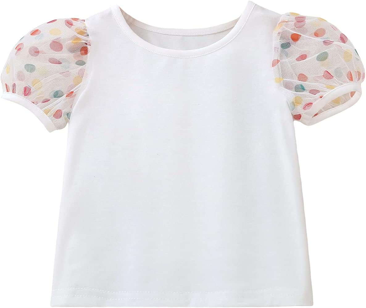 WDIRARA Toddler Girl's Colorful Polka Dots Mesh Puff Short Sleeve Tee Round Neck Tops