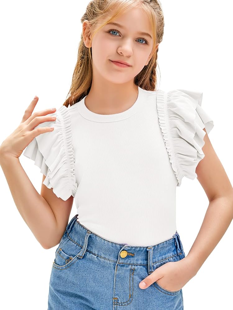 Girls Ruffle Short Sleeve Shirts Mock Neck Ribbed Knit Summer Pullover Tops