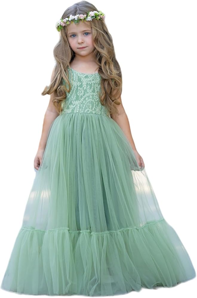 Flower Girl Dress Lace/Tulle Boho Toddler Dresses Ruffle Girl Dress for Wedding Garden Party Communion Beach