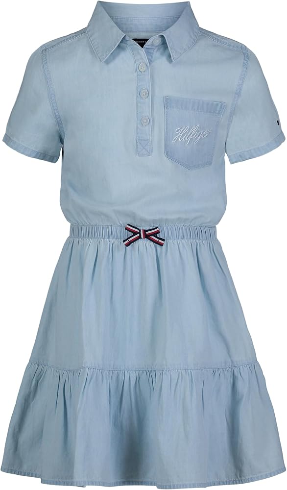 Tommy Hilfiger Girl's Short Sleeve Lightweight Denim Dress, Collared With Cinched Waist