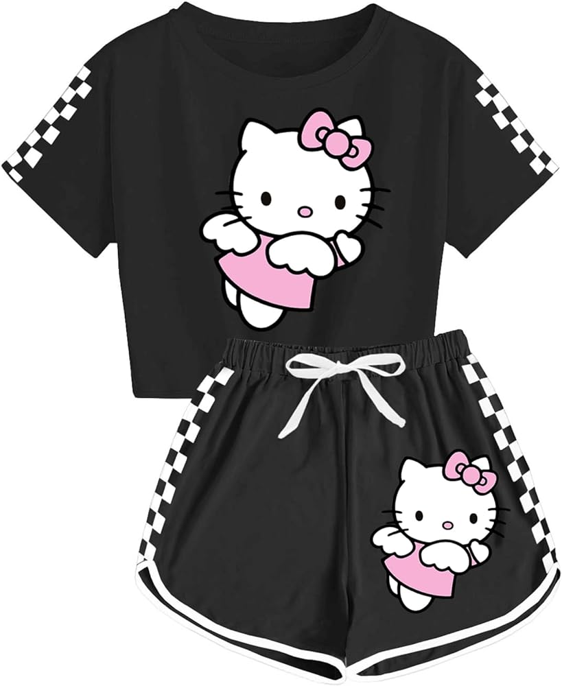 Cartoon T-shirt and shorts set Girls' Kitty printed shirt and shorts set