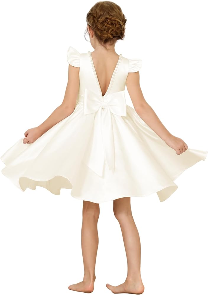 Summer Short Sleeve Glossy Satin O-neck Flower Girls Dresses V Back Peal Beads Wedding Party Mini Dress with Bow