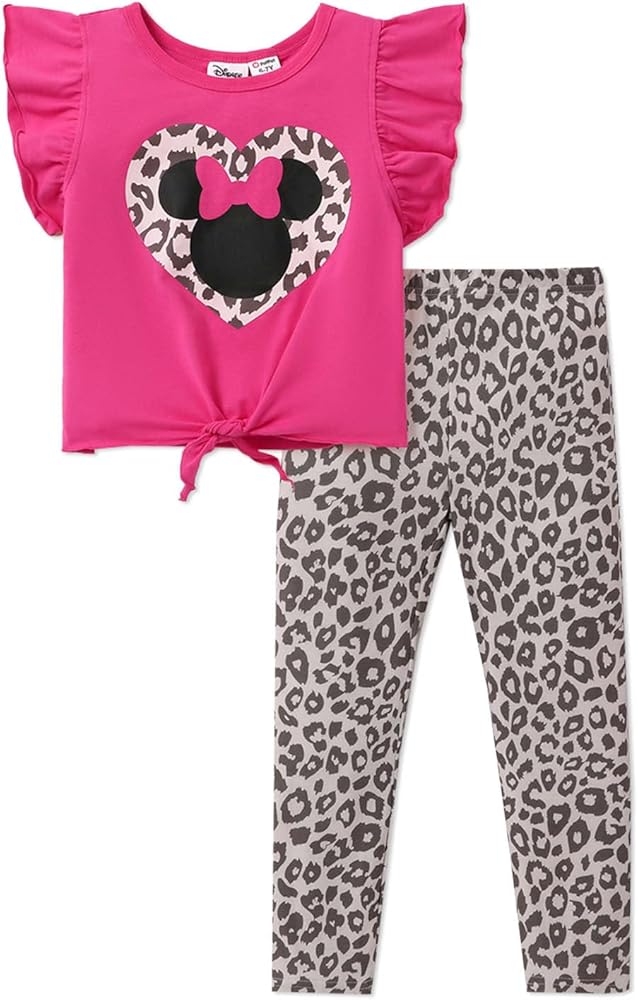 Disney Mickey and Friends Girls 2PCS Leopard Character Print Flutter-sleeve Tee and Pants Outfits