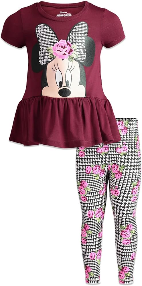 Disney Minnie Mouse Floral Peplum T-Shirt and Leggings Outfit Set Infant to Big Kid Sizes (12 Months - 14-16)