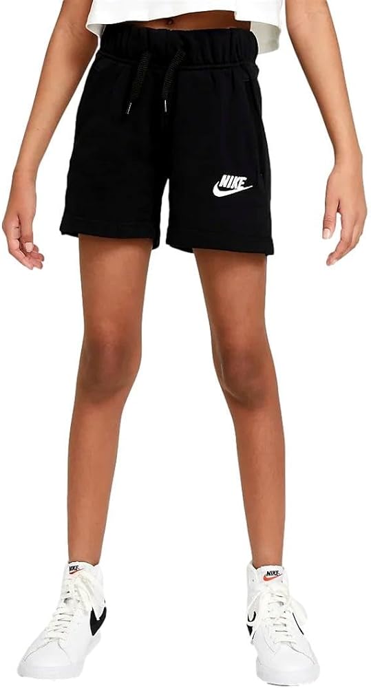 Nike Girl's NSW Club French Terry Shorts (Little Kids/Big Kids) Black/White LG (14 Big Kid)