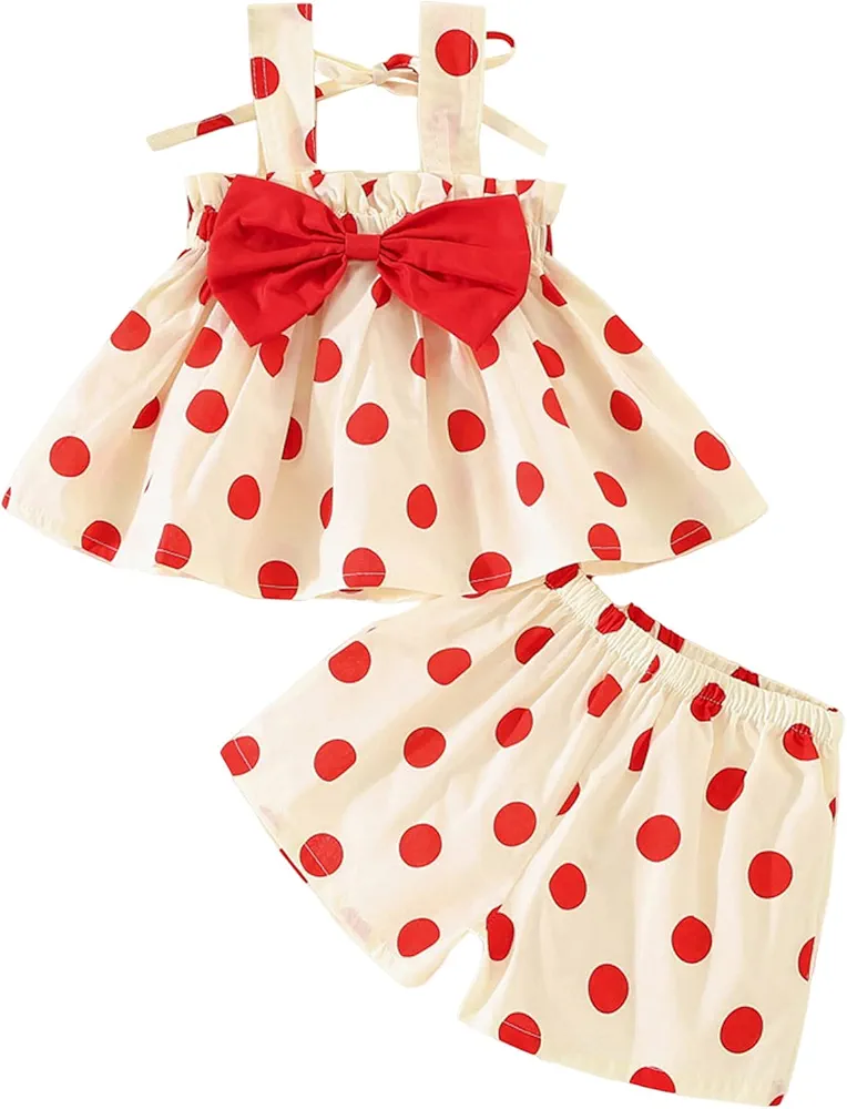 Summer Toddler Girls Sleeveless Bowknot Dot Prints Tops Shorts Two Piece Outfits Set for Kids Clothes (Red, 2-3 Years)