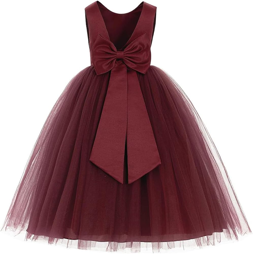 Flower Girl Dresses for Wedding Crew Neck Tulle and Satin with tie Bow