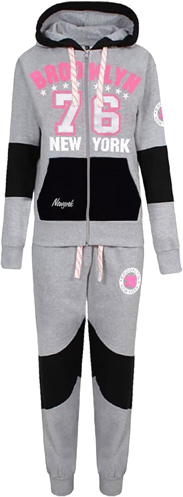 Kids Girls Tracksuit Fleece Hoodie Grey Brooklyn 76 New York Top Bottom Joggers