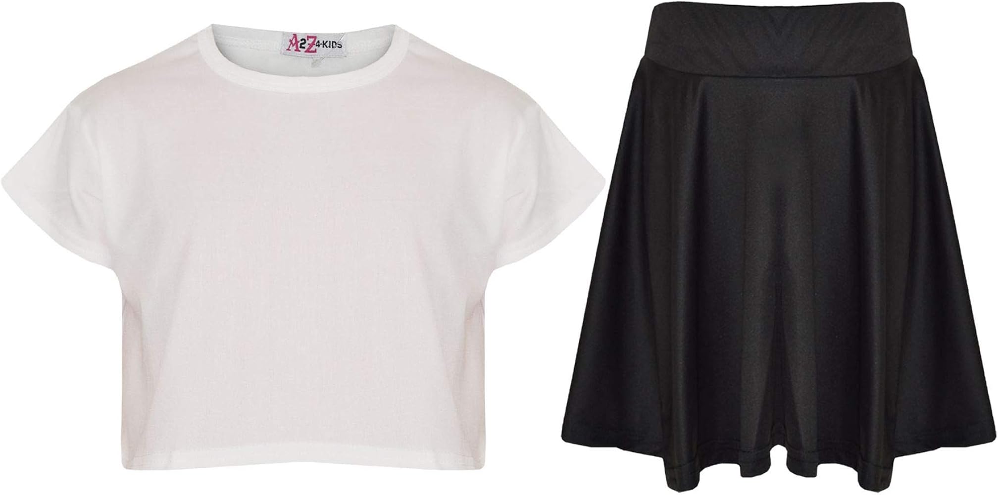 Girls Plain Crop Top & Skater Skirt Set - New Crop Top Plain Skirt White 7-8