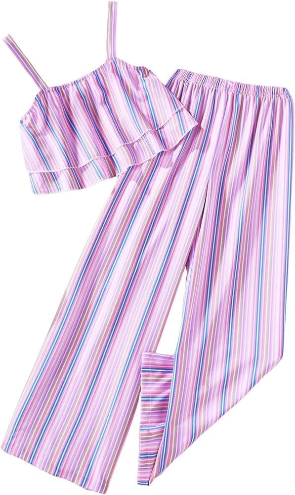 Girl's 2 Piece Outfits Striped Sleeveless Ruffle Trim Cami Top and Wide Leg Pants Set