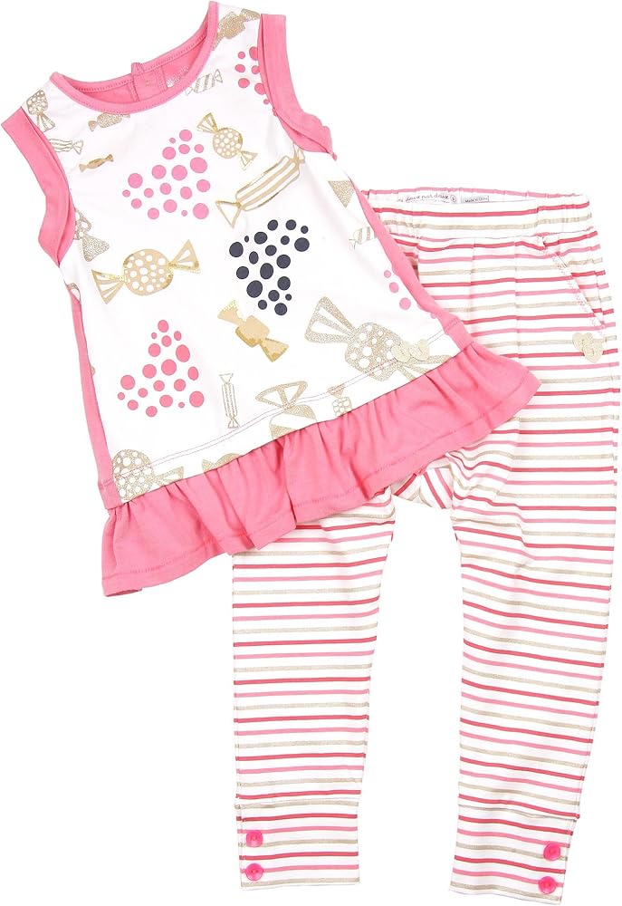 Deux par Deux Girls' Tunic and Striped Pants Set Rose Bonbon, Sizes 18M-6