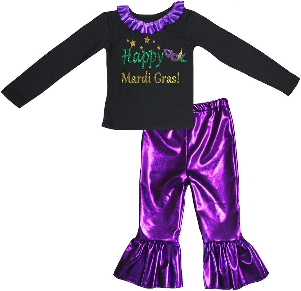 Petitebella Happy Mardi Gras Mask Black L/s Shirt Purple Pant Set for Girl 1-8y