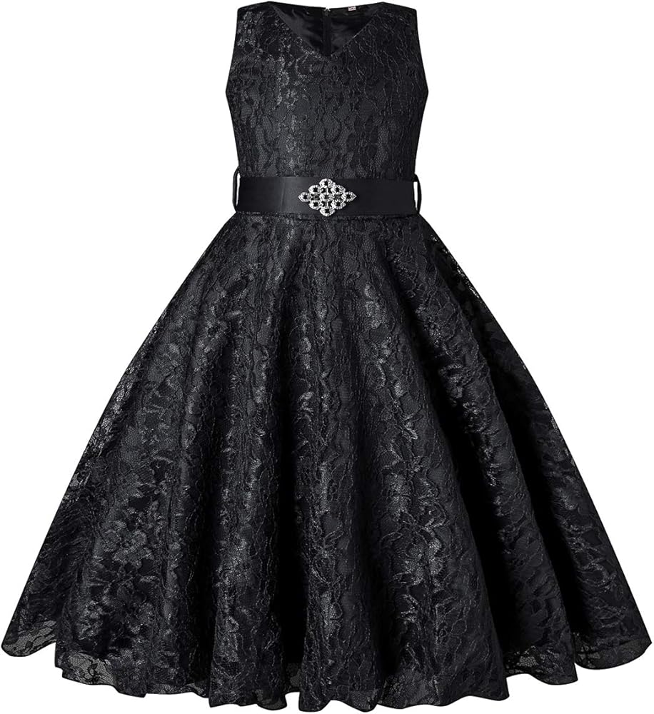 Girls Tulle Lace Glitter Vintage Pageant Prom Dresses with Belt