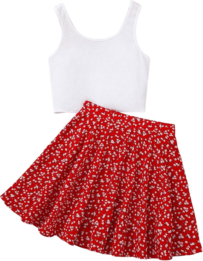 Verdusa Girl's Two Piece Casual Outfits Ribbed Scoop Neck Tank and Floral Flowy Skirt Set