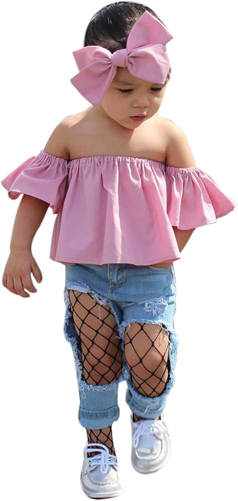 Toddler Kids Girls Off Shoulder T Shirt Tops Hole Denim Jeans Long Pants Headwear 3PCS Outfits Set 17 Years Girl