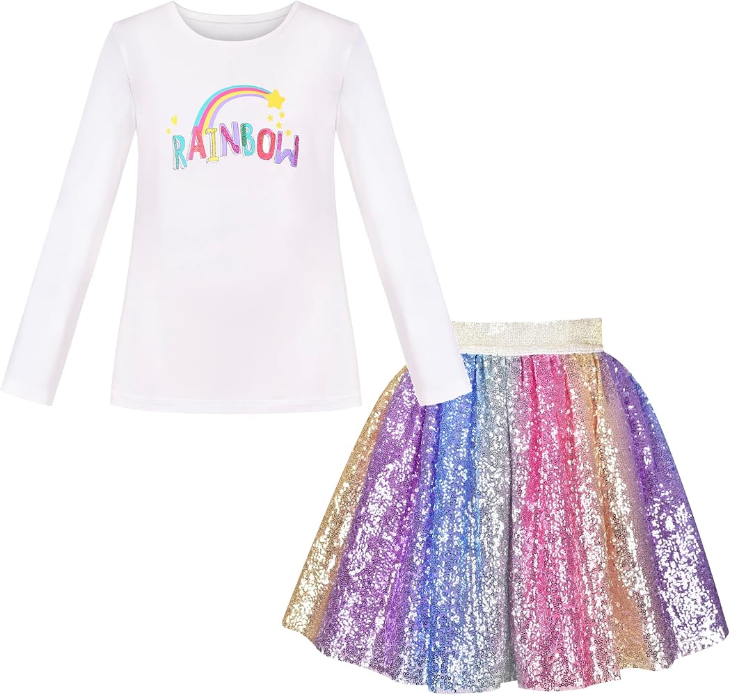 Sunny Fashion Girls White Long Sleeve T-Shirt Top Rainbow Sequins Skirt 2PCS Sets