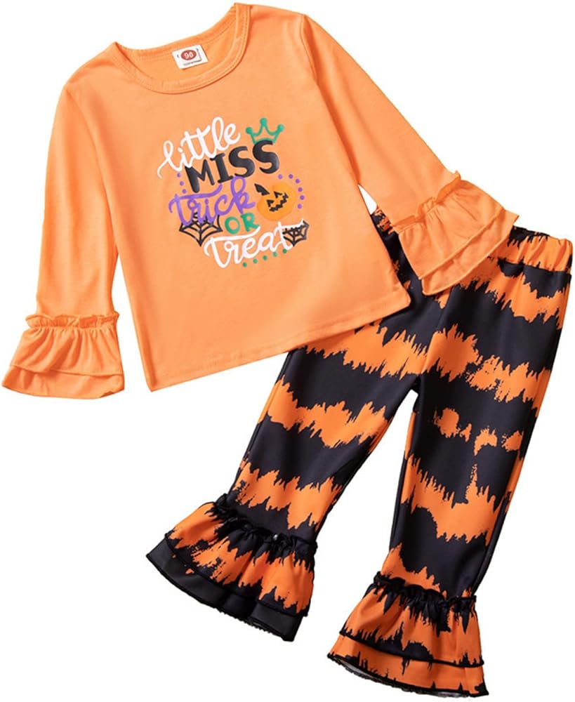 Toddler Girls Winter Halloween Long Sleeve Cartoon Letter Prints Kids Tops Pants 2PCS Outfits Clothes Set Teen