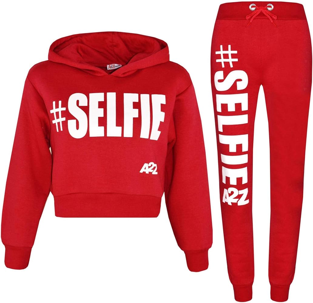 Kids Girls Tracksuit Designer #Selfie Hooded Crop Top & Bottom Jog Suit 5-13 Yr