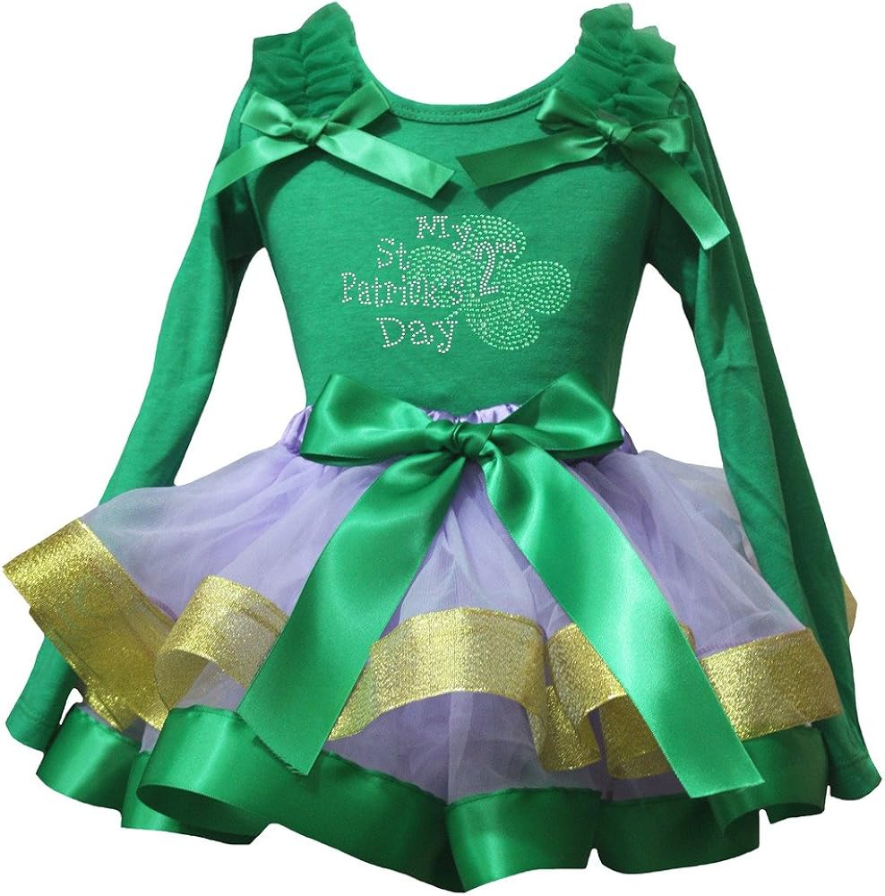 Petitebella 2nd St Patricks Day Green L/s Shirt Lavender Gold Petal Skirt Nb-8y