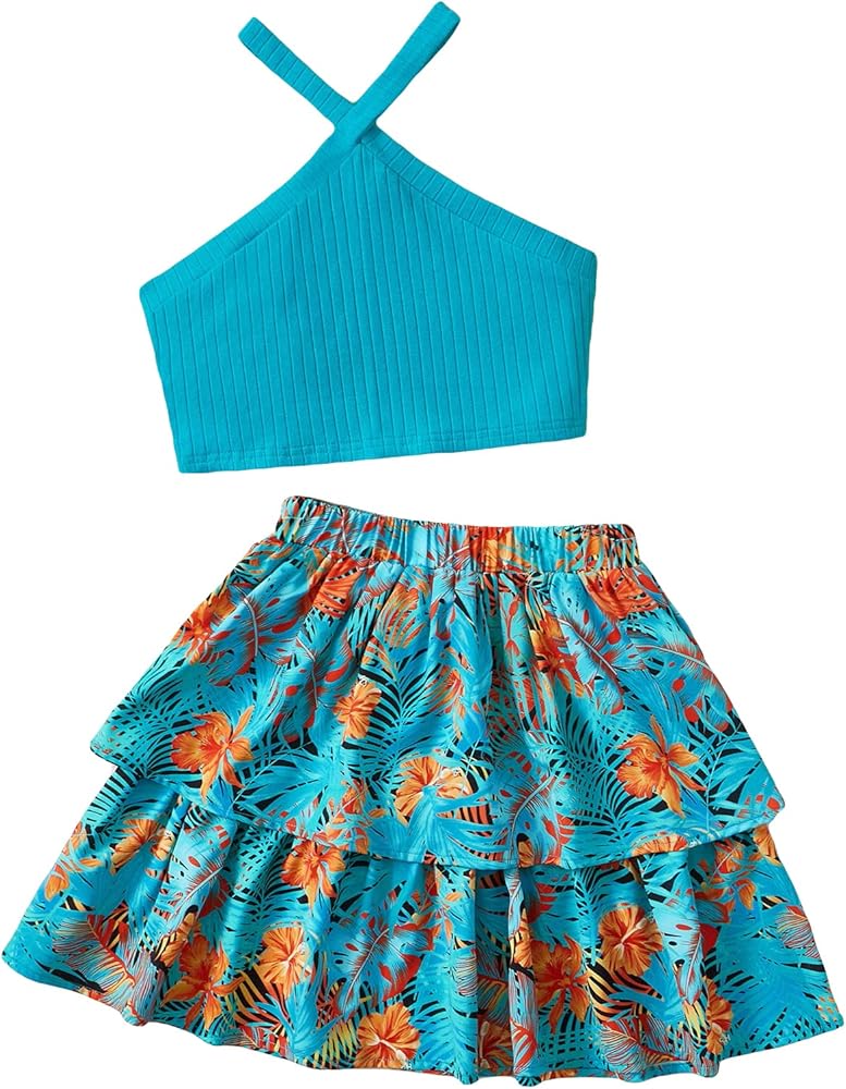 Milumia Girl's 2 Piece Outfits Rib Knit Crisscross Crop Halter Top and Layered Hem Flare Skirt Set Teal Blue 8 Years