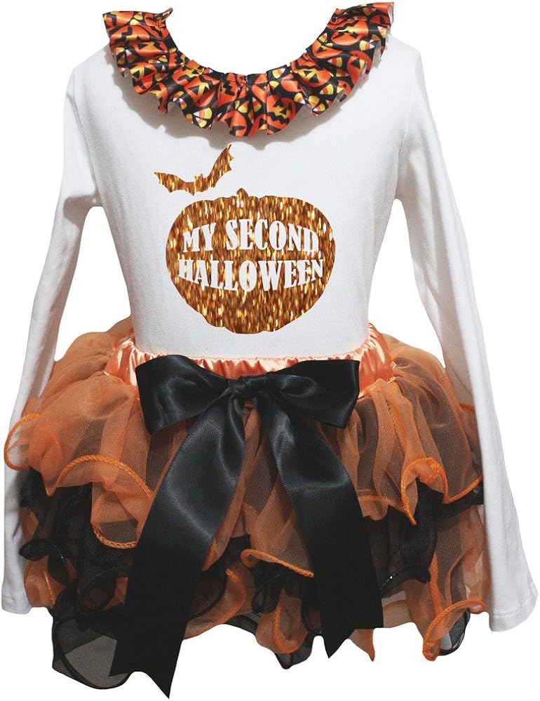 Petitebella My Second Halloween White L/S Shirt Orange Black Petal Skirt Nb-8y