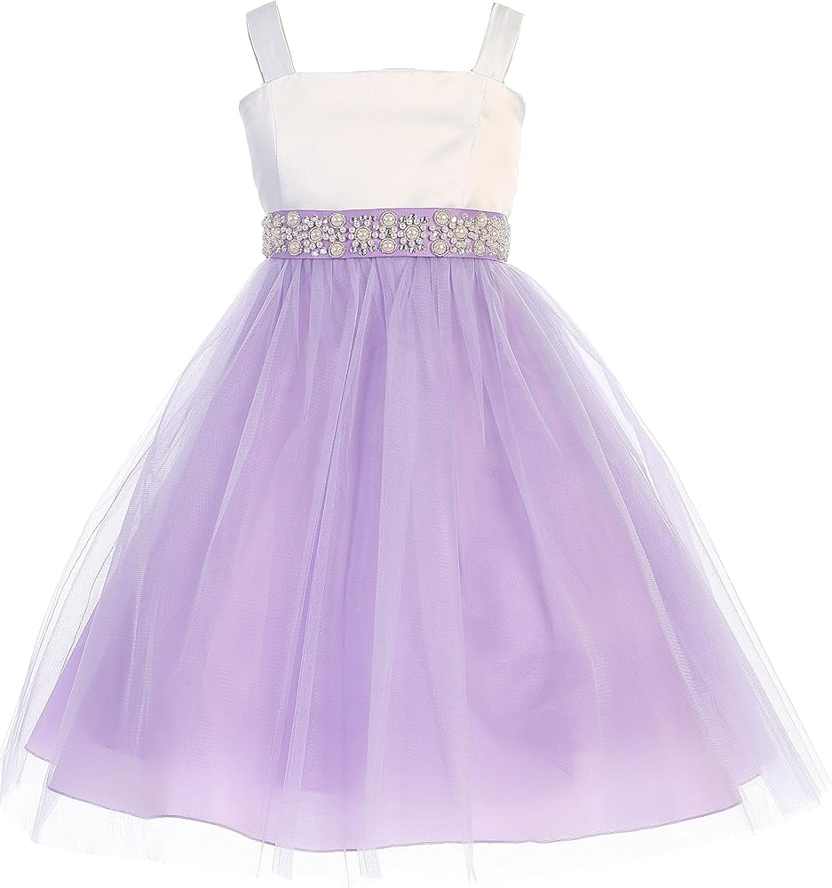 Beautiful Satin Top Rhinestones Belt Tulle Special Occasion Flower Girl Dress