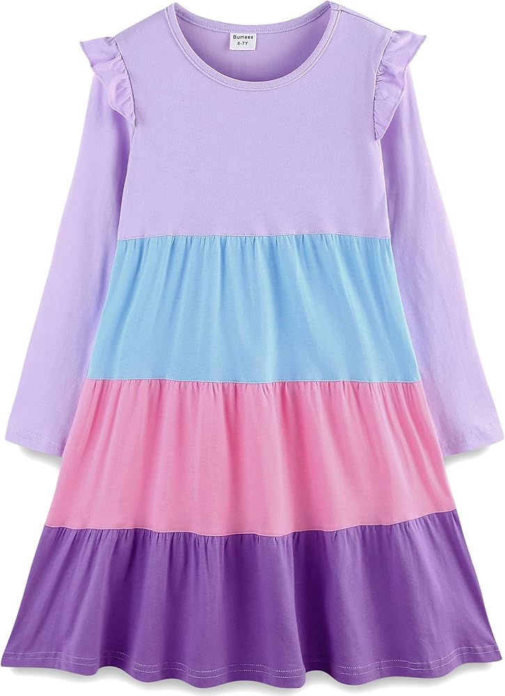 Bumeex Girl's Dresses Cotton Ruffle Sleeve Tiered Swing A-Line Cute Midi Casual Sundress