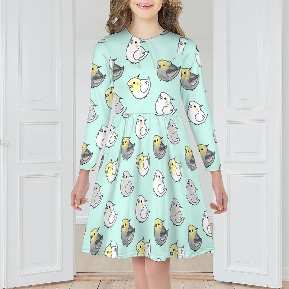 Cute Cockatiel Birds Girls Dress Long Sleeve Short Dress Swing Casual Party Dresses