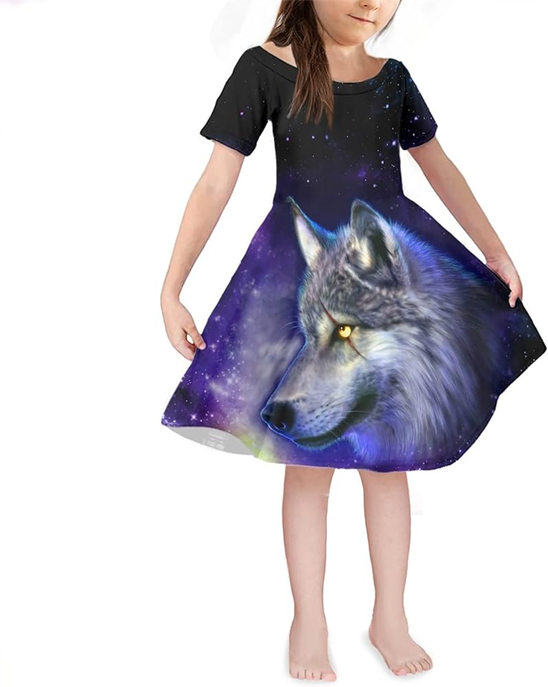 Renewold Galaxy Wolf Print Girls Dresses Kids Dress Casual Short Sleeve Sundress for Beach Twirly Skater Dress for Party Summer Clothes Size 3-14 Years Old