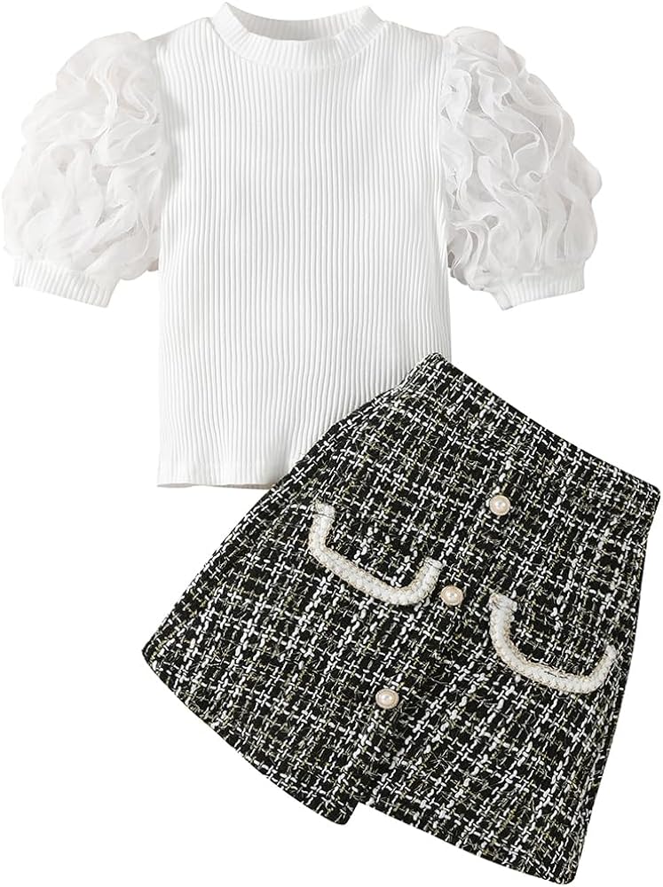 AMMENGBEI Toddler Little Girl Summer Outfits Puff Short Sleeve Tops Plaid Tweed Skirt Set Kids 2Pcs Fashion Clothes