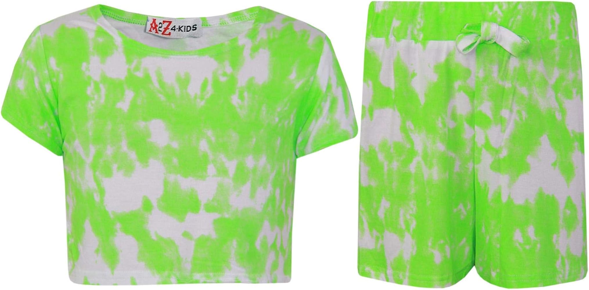 Kids Girls Crop Top & Shorts Tie Dye Neon Green Fashion Summer Outfit Short Sets