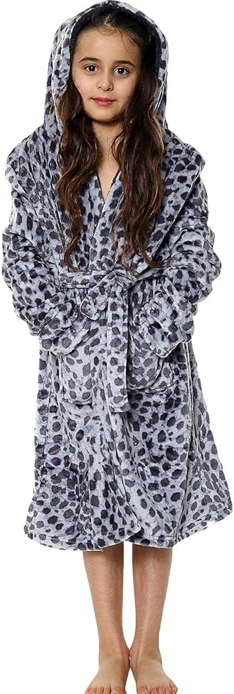 Kids Brown Leopard Print Bathrobe Fleece Soft Hooded Swim Beach Girls Boys