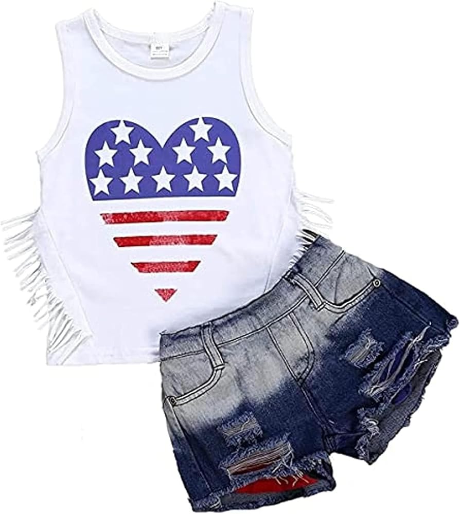 Toddler Baby Girls 4th of July Outfits Set Sleeveless Tassels Vest Tops+ Ripped Denim Shorts Summer Clothes